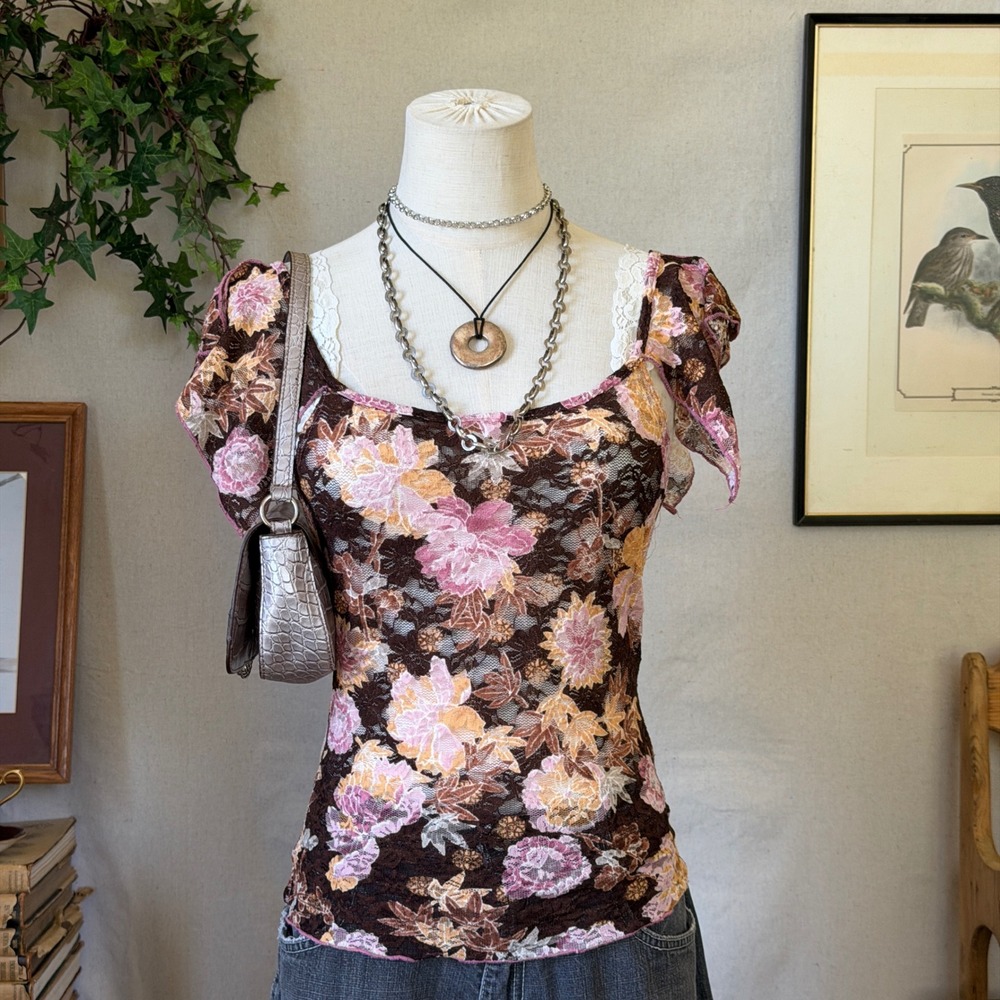 Brown Floral Lace Cap Sleeve Top Fairy Grunge Y2K Vintage Small Sheer Overlay